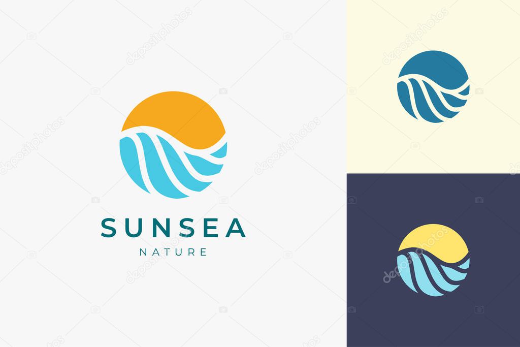 Ocean with sun or surfing logo template in circle and abstract shape