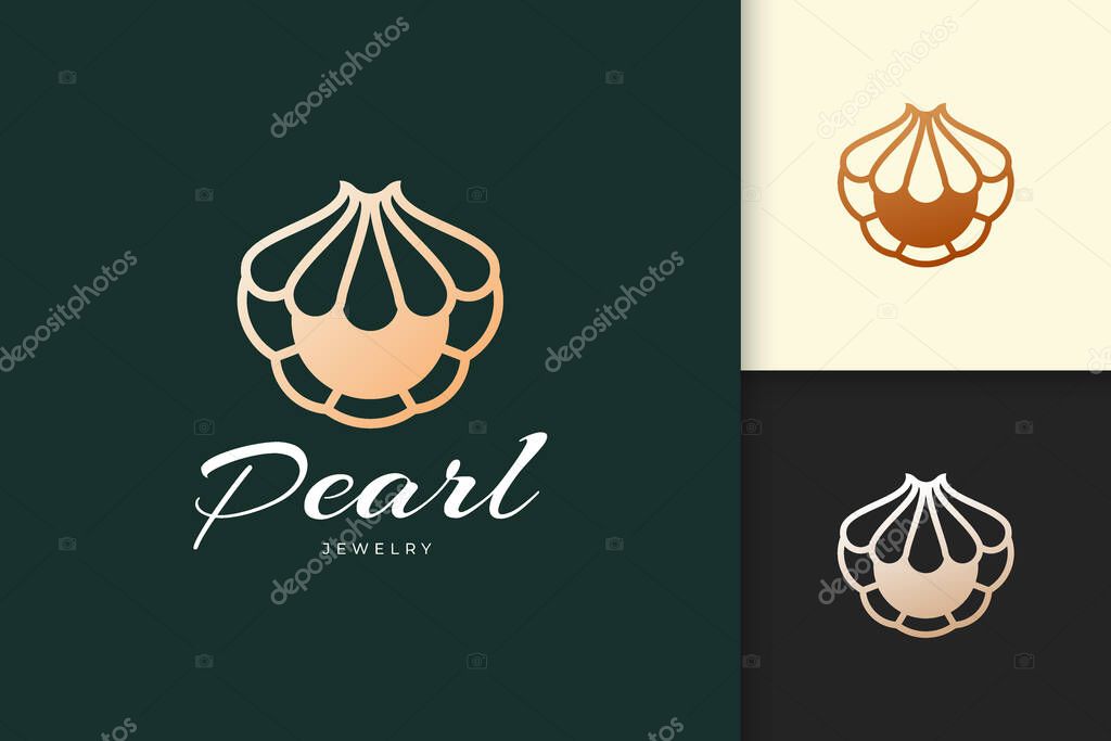 Luxury shell or clam logo with pearl gem for jewelry or beauty brand