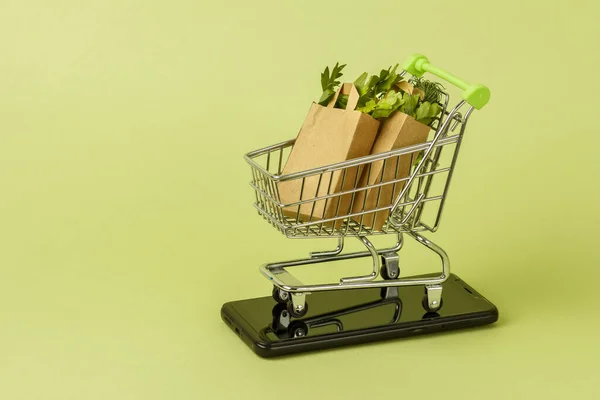 Sacs Provisions Papier Avec Salade Verte Fraîche Dans Panier Chariot — Photo