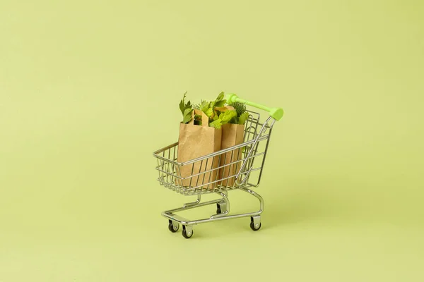 Sacos Compras Papel Com Salada Verde Fresca Carrinho Carrinho Conceito — Fotografia de Stock