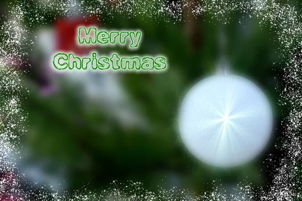 Bola Natal Branco Close Ramo Verde Espaço Cópia Letras Feliz — Fotografia de Stock