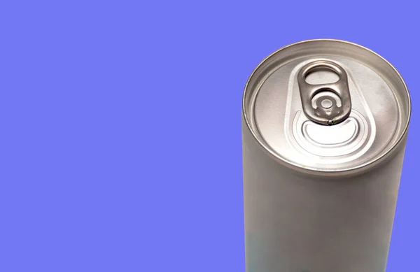 Thin Aluminum Can Silver Blue Background Close Copy Space — Stock Photo, Image