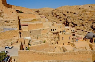 Kutsal Lavra Manastırı Aziz Sava (Mar Saba) Yahudi Çölü, İsrail, Filistin 'deki Kidron Vadisi' nde. Yukarıdan görüntüle