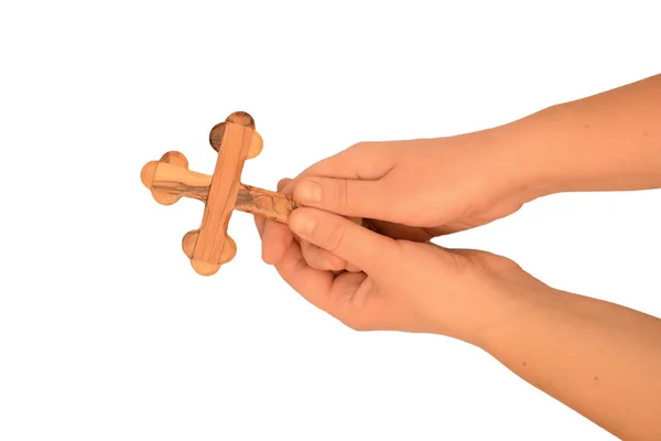 Wooden Cross Female Hands Close Flat Lay Church Utensils Religion Stock Picture