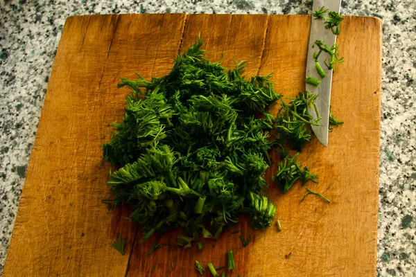 Handful Finely Chopped Green Dill Wooden Board Healthy Food Concept — Stock Photo, Image