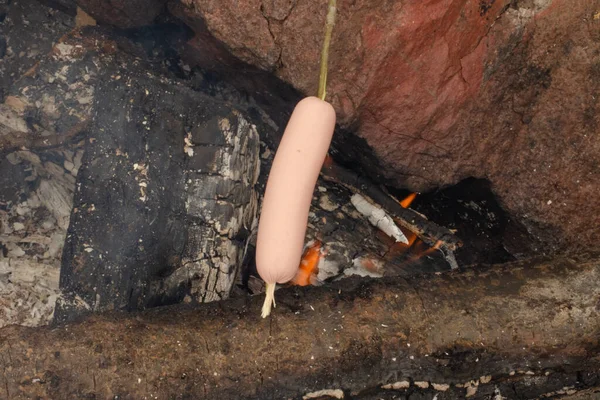 森の中の火事でソーセージを揚げた Sausages Twig — ストック写真