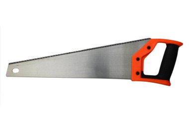 Beyaz arka planda metal testeresi. Turuncu ve siyah kalem, izole..