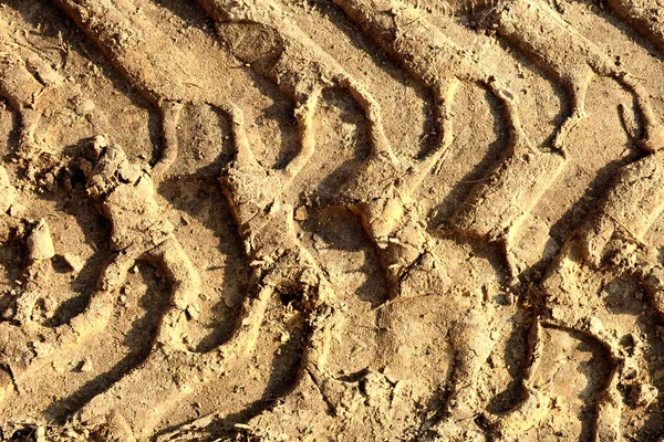 Ίχνη Από Τον Εξοπλισμό Κατασκευής Πέλματος Στην Άμμο Καθαρή Ηλιόλουστη — Φωτογραφία Αρχείου
