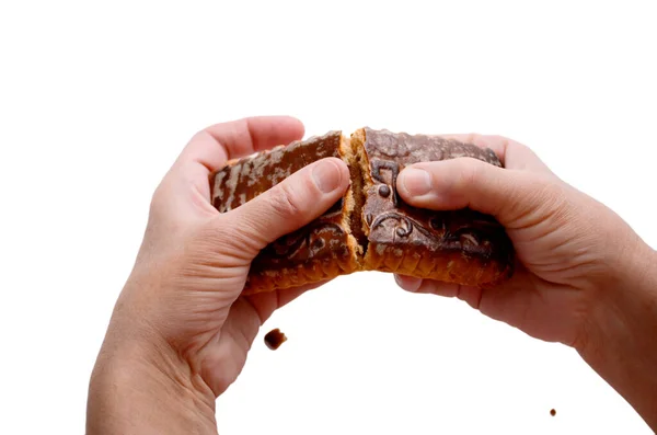 Female Hands Break Tula Gingerbread Tasty Symbolic Treat Isolated Horizontal — Stock Photo, Image