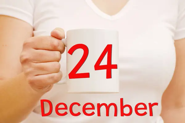 Woman Hand Holds White Mug Inscription December Important Date Holiday —  Fotos de Stock