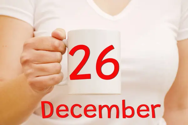 Woman Hand Holds White Mug Inscription December Important Date Holiday —  Fotos de Stock