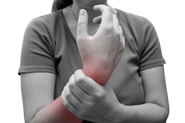 Mulher Que Sofre Dor Mão Mancha Vermelha Dor Isolada Fundo — Fotografia de Stock