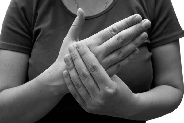 Woman Has Sore Arm Pain Palm Isolated Black White Photo — ストック写真