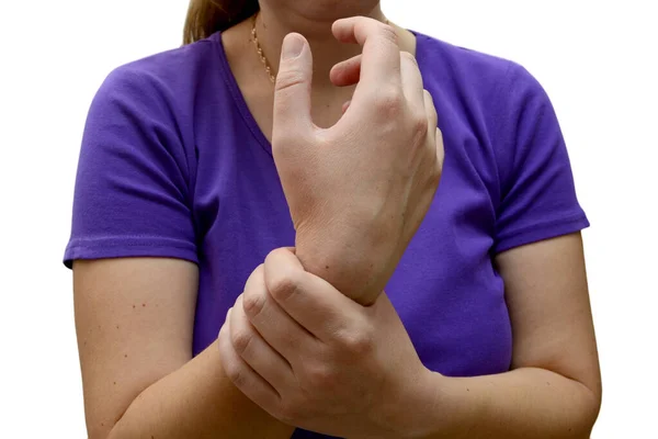 Woman suffering from pain in her hand, isolated on a white background, horizontal photo. Healthcare and medical concept.