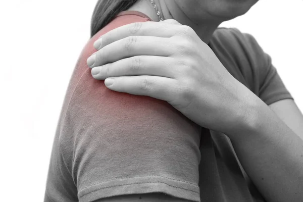 Woman Has Shoulder Pain Red Spot Woman Shirt Black White — Foto de Stock