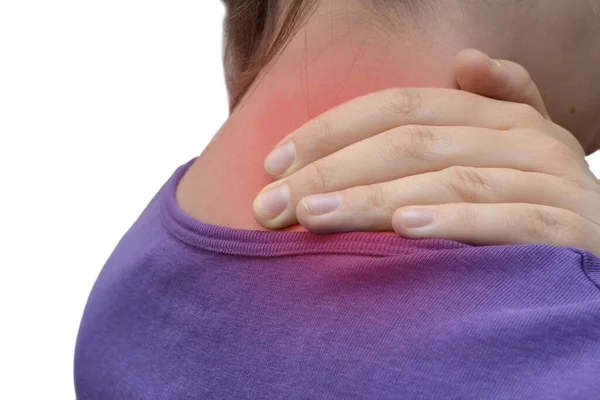 Woman Has Sore Neck Young Woman Clings Her Neck Sharp — Fotografia de Stock