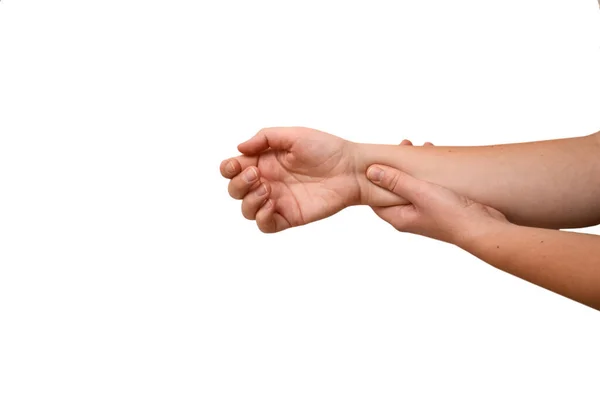 Das Handgelenk Einer Frau Tut Weh Eine Lädierte Weibliche Hand — Stockfoto