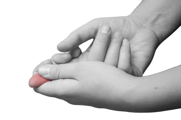 Female Hand Holds Sore Finger Red Spot Inflammation Isolated Black — Foto de Stock