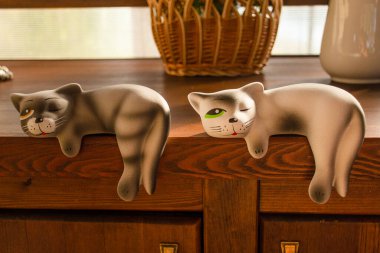 Tatlı gri, beyaz kediler hediyelik eşyalar, yatay fotoğraf.