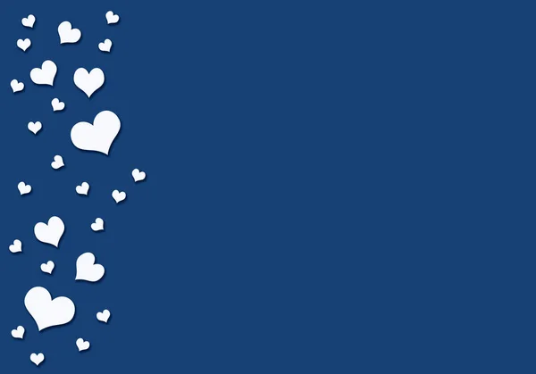 Alla hjärtans dag, mödrars dag, bröllop eller kvinnodag. Klassisk blå bakgrund, vita hjärtan med kanten. 2020 trend. Kopiera utrymme. — Stockfoto