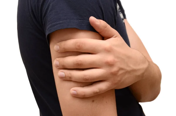 Smärta Underarmen Ung Man Som Håller Handen Mot Punkt Horisontell — Stockfoto