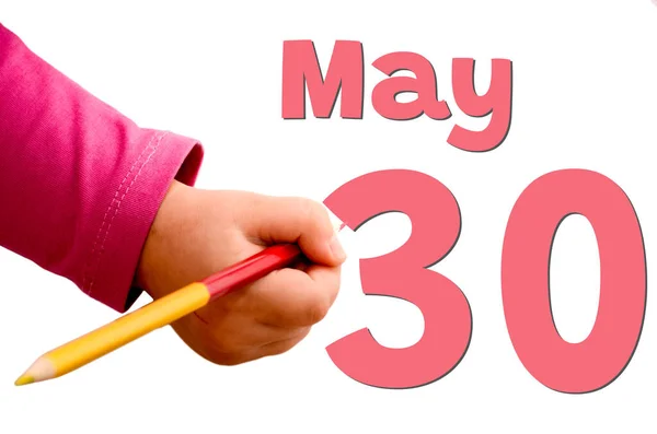 Child Hand Writes May Colored Pencil White Background Spring Red — Stock Photo, Image