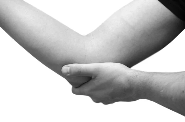 Ein Mann Leidet Unter Schmerzen Ellbogen Hält Seine Hand Isoliert — Stockfoto