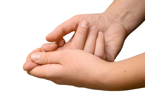 Die Weibliche Hand Hält Einen Schmerzenden Finger Isolierte Horizontale Nahaufnahme — Stockfoto