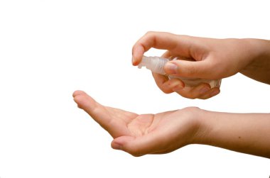 Antibakteriyel el sprey, antiseptik cilt, izole edilmiş. Yatay fotoğraf, virüs koruma konsepti.