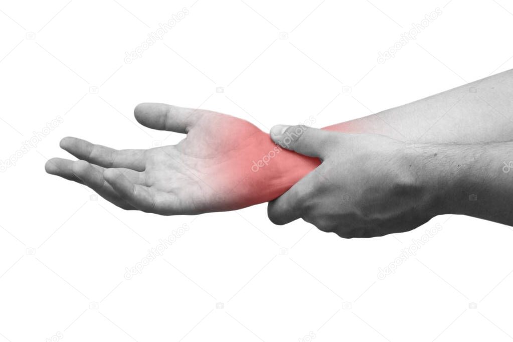 Man suffering from wrist pain, isolated, black and white photo. Causes of pain include sprained wrist, red spot. Healthcare concept