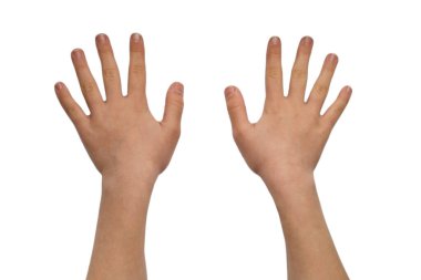 Kadın eli fotoğraf düz, izole. Avuçlar açık, parmaklar ayrı.