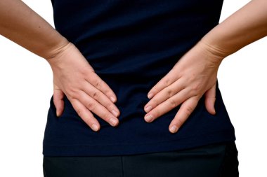 Kadınların sırt ağrısı var, renkli yatay fotoğraf, izole edilmiş. Sağlık kavramları.