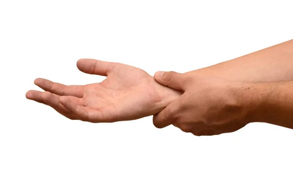 Adamın bileği ağrıyor, izole edilmiş. Sağlık sigortası konsepti. Ağrının nedeni bileğindeki burkulmalar.