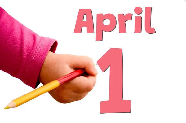 Hand Van Het Kind Schrijft April Met Kleurpotlood April Fool — Stockfoto
