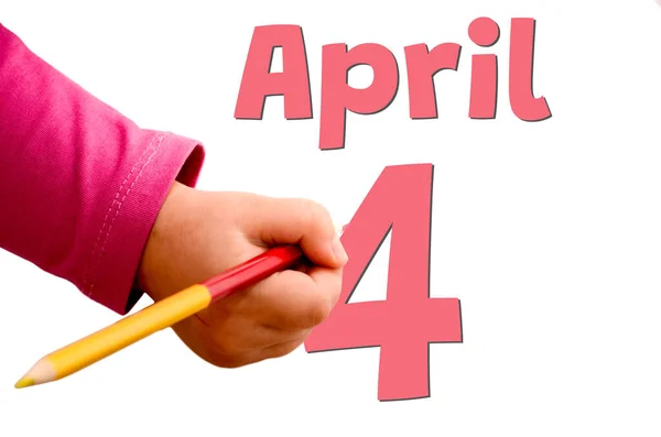 Χέρι Του Παιδιού Γράφει Απριλίου Χρωματιστό Μολύβι Λευκό Φόντο Την — Φωτογραφία Αρχείου