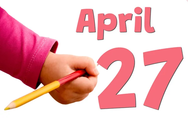 Hand Van Het Kind Schrijft April Met Kleurpotlood Witte Achtergrond — Stockfoto
