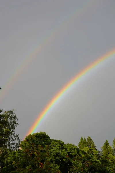Doppelter Regenbogen Einem Dunklen Stürmischen Himmel Einem Sommertag Über Grünen — Stockfoto