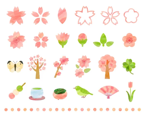Sakura Mekar Gaya Analog Musim Semi Set Gambar - Stok Vektor