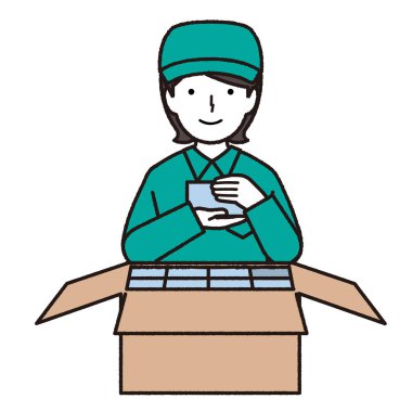 İş kıyafetleri içinde paketleme yapan bir kadının resmi.