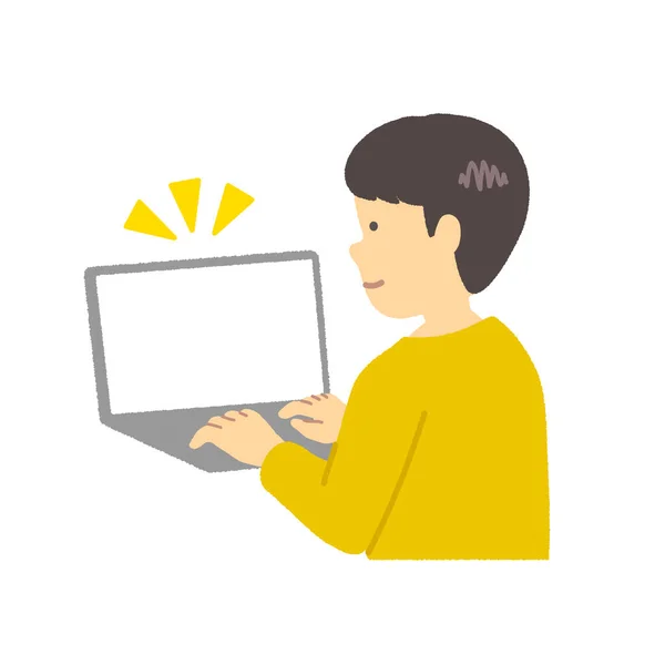Bilgisayar Kullanan Sarı Elbiseli Bir Çocuk — Stok Vektör