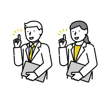 Takım elbiseli bir erkek ve kadının üst gövdesinin tasviri parmaklarıyla bir noktayı işaret ediyor: