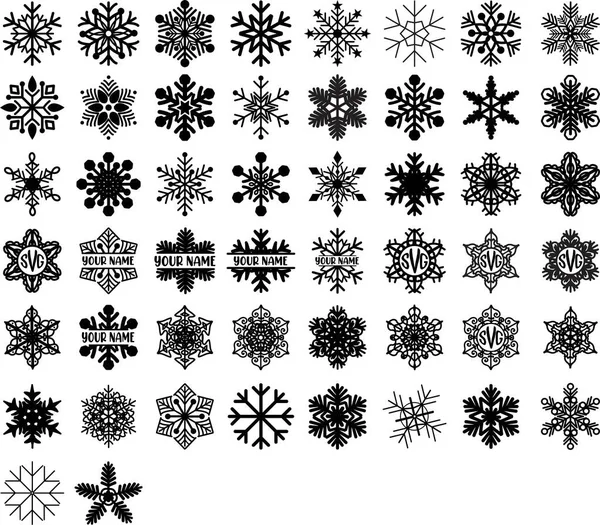 Conjunto de copos de nieve y copos de nieve monogramas. Invierno vector plano decoraciones elementos — Vector de stock