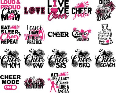 Set of Cheer quotes. Cheeleader silhouette. Pompoms vector clipart