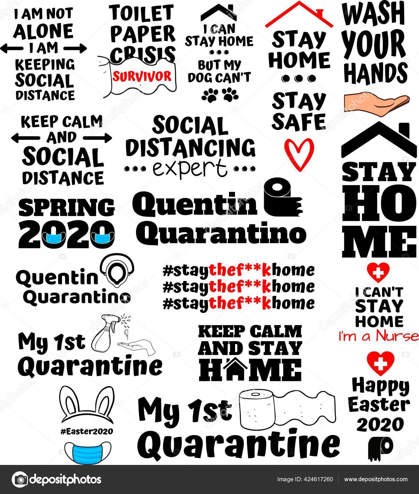 Collection of Stay at home phrases, slogans or quotes Stock Vector by