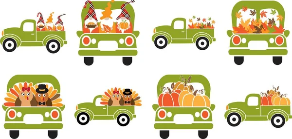 Conjunto de desenhos animados caminhões agradecidos. Caminhões agradecidos verdes —  Vetores de Stock
