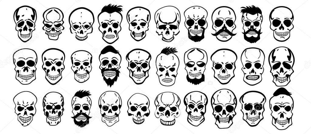 Set of different skull characters. Monochrome style. Isolated on white background