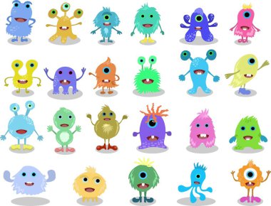 Çizgi film canavarları koleksiyonu. Karikatür canavarlarından oluşan bir vektör kümesi