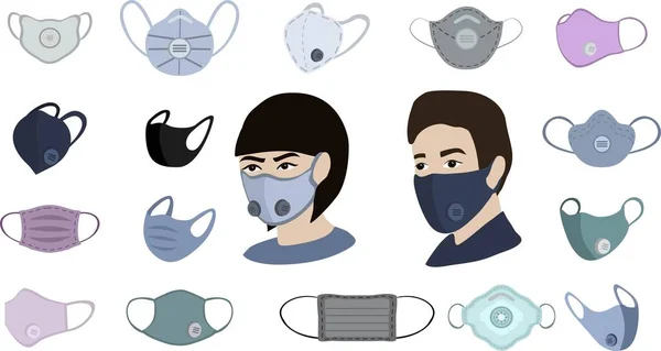 Kolorowe powietrze twarz maski izolowane, dla mężczyzn i kobiet medyczna maska wektor ilustracji — Wektor stockowy