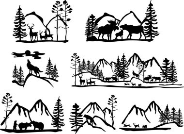 Ağaçlı, vektör illüstrasyonlu farklı manzara siluetleri.