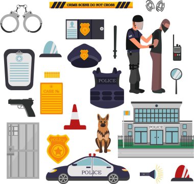 Çizgi film polis aletleri. Polis, güvenlik görevlisi.